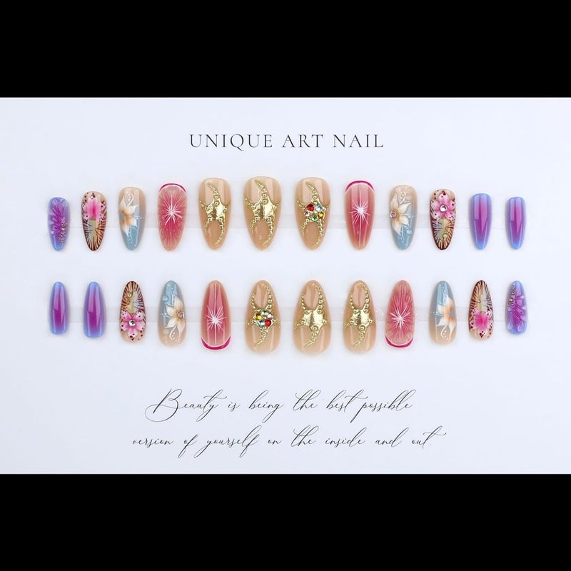 SEENEEY Long Press on Nails Almond Ombre Flowers Stick on Nail for Women 24pcs - Image 4
